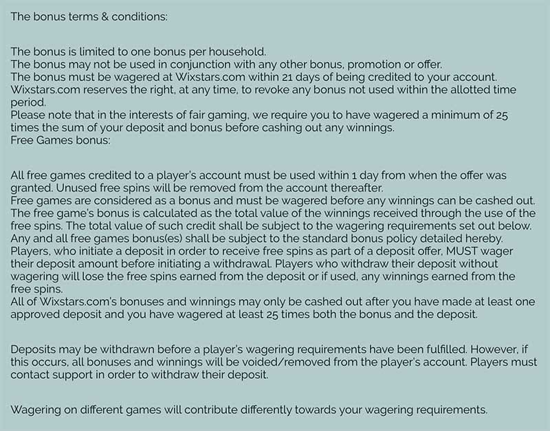 Wixstars bonus terms