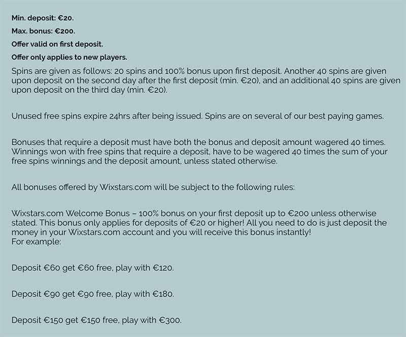 Wixstars bonus offer terms