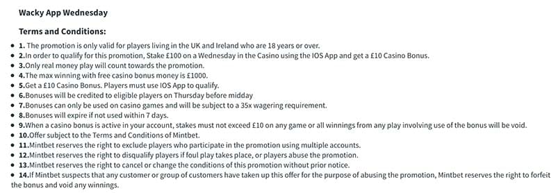 Mintbet wacky wednesday terms